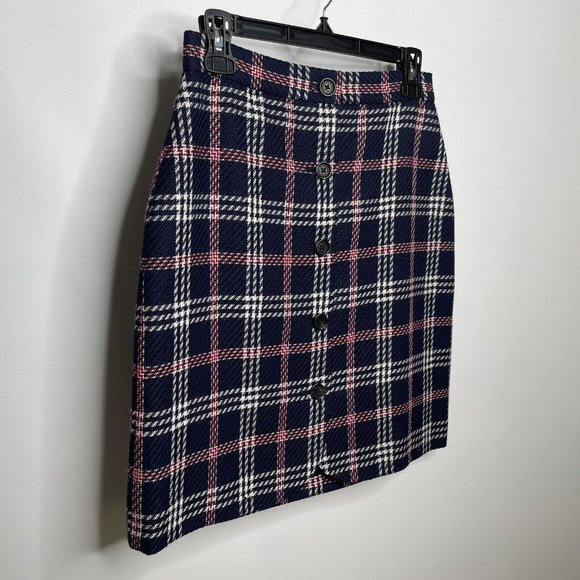 Brooks Brothers Mini Skirt Size 2 Wool Blend Navy Blue Houndstooth Plaid - Picture 2 of 5